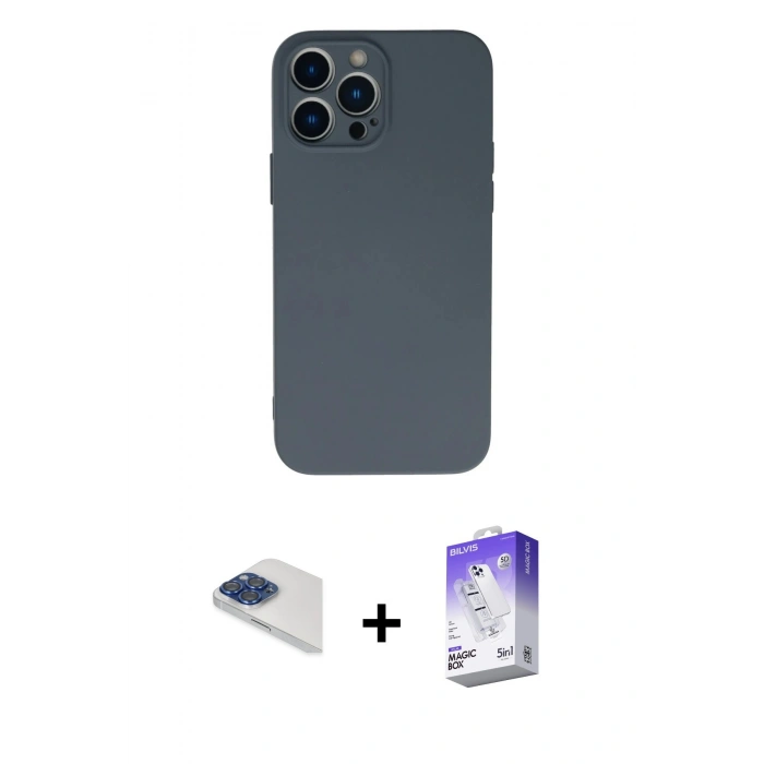 MARSİLYAN™- iPhone 13 Pro Max Kılıf Ahenk Serisi - Siyah Bilvis 5in1 3D Magic Cam Ekran Koruyucu + Pers Alüminyum Kamera Lens - LT