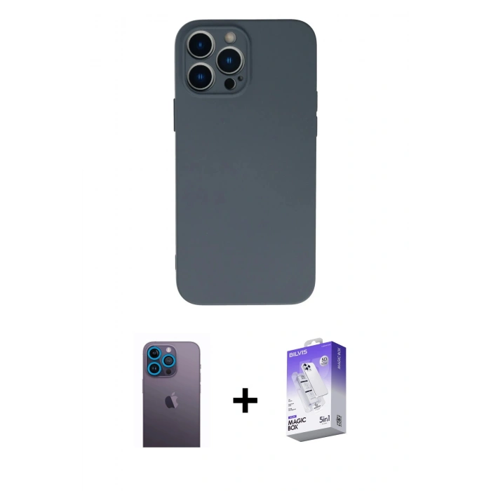 MARSİLYAN™- iPhone 13 Pro Max Kılıf Ahenk Serisi - Siyah Bilvis 5in1 3D Magic Cam Ekran Koruyucu + Neon Fosforlu Kamera Lens - MI