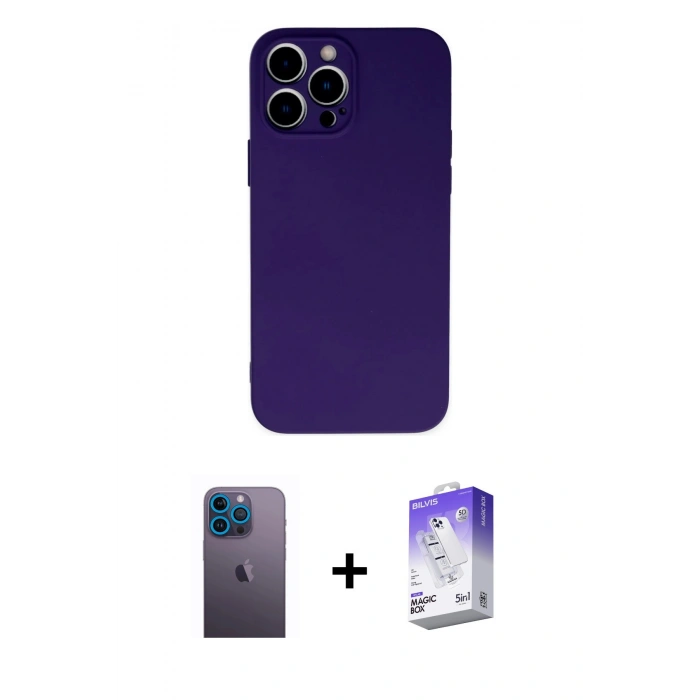 MARSİLYAN™- iPhone 13 Pro Max Kılıf Ahenk Serisi - Siyah Bilvis 5in1 3D Magic Cam Ekran Koruyucu + Neon Fosforlu Kamera Lens - MI