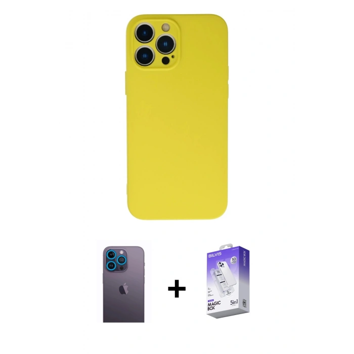 MARSİLYAN™- iPhone 13 Pro Max Kılıf Ahenk Serisi - Siyah Bilvis 5in1 3D Magic Cam Ekran Koruyucu + Neon Fosforlu Kamera Lens - MI
