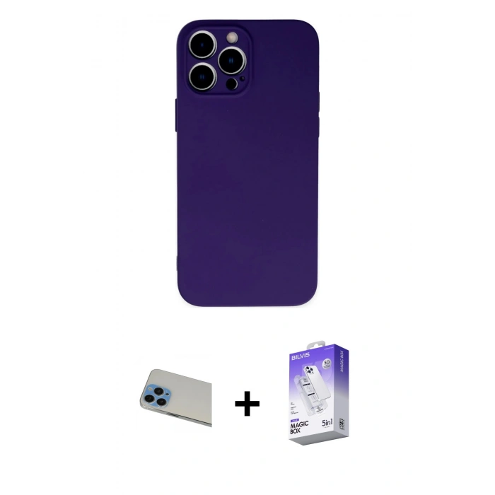 MARSİLYAN™- iPhone 13 Pro Max Kılıf Ahenk Serisi - Siyah Bilvis 5in1 3D Magic Cam Ekran Koruyucu + Rainbow Kamera Lens Koruma Cam - MI