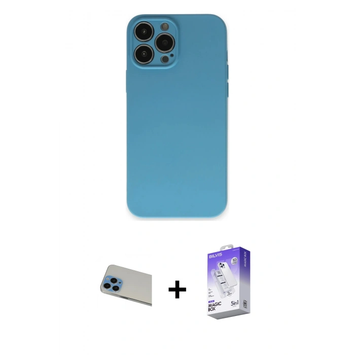 MARSİLYAN™- iPhone 13 Pro Max Kılıf Ahenk Serisi - Siyah Bilvis 5in1 3D Magic Cam Ekran Koruyucu + Rainbow Kamera Lens Koruma Cam - MI