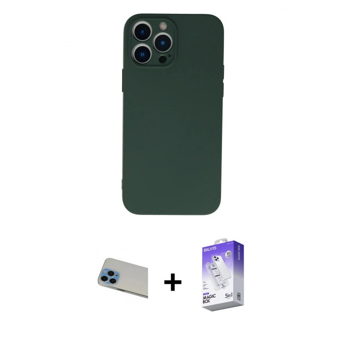MARSİLYAN™- iPhone 13 Pro Max Kılıf Ahenk Serisi - Siyah Bilvis 5in1 3D Magic Cam Ekran Koruyucu + Rainbow Kamera Lens Koruma Cam - MI