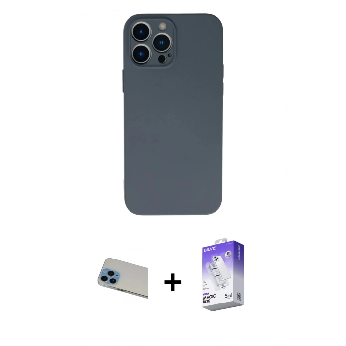 MARSİLYAN™- iPhone 13 Pro Max Kılıf Ahenk Serisi - Siyah Bilvis 5in1 3D Magic Cam Ekran Koruyucu + Rainbow Kamera Lens Koruma Cam - MI