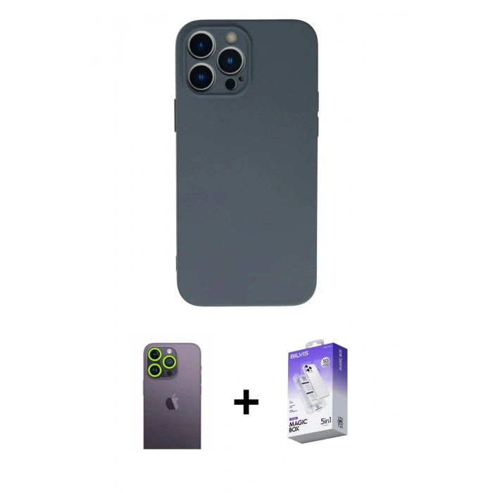 MARSİLYAN™- iPhone 13 Pro Max Kılıf Ahenk Serisi - Siyah Bilvis 5in1 3D Magic Cam Ekran Koruyucu + Neon Fosforlu Kamera Lens - YL