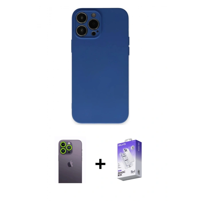 MARSİLYAN™- iPhone 13 Pro Max Kılıf Ahenk Serisi - Siyah Bilvis 5in1 3D Magic Cam Ekran Koruyucu + Neon Fosforlu Kamera Lens - YL