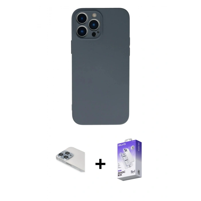 MARSİLYAN™- iPhone 13 Pro Max Kılıf Ahenk Serisi - Siyah Bilvis 5in1 3D Magic Cam Ekran Koruyucu + Pers Alüminyum Kamera Lens - SABE