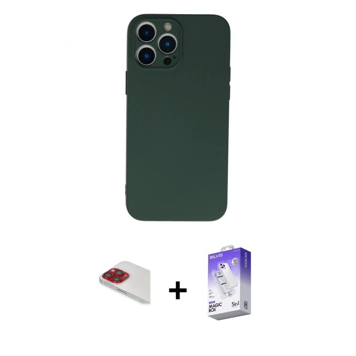 MARSİLYAN™- iPhone 13 Pro Max Kılıf Ahenk Serisi - Siyah Bilvis 5in1 3D Magic Cam Ekran Koruyucu + Pers Alüminyum Kamera Lens - KI