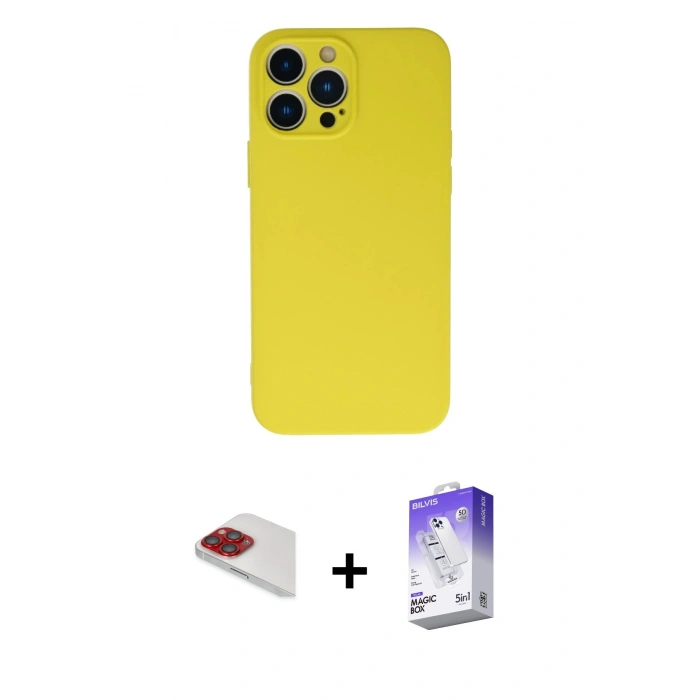 MARSİLYAN™- iPhone 13 Pro Max Kılıf Ahenk Serisi - Siyah Bilvis 5in1 3D Magic Cam Ekran Koruyucu + Pers Alüminyum Kamera Lens - KI