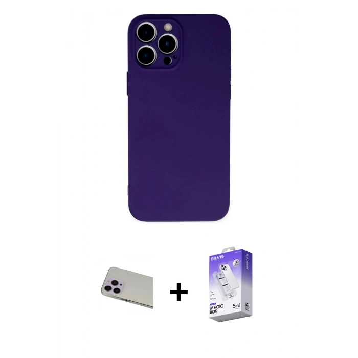 MARSİLYAN™- iPhone 13 Pro Max Kılıf Ahenk Serisi - Siyah Bilvis 5in1 3D Magic Cam Ekran Koruyucu + Rainbow Kamera Lens Koruma Cam - MR