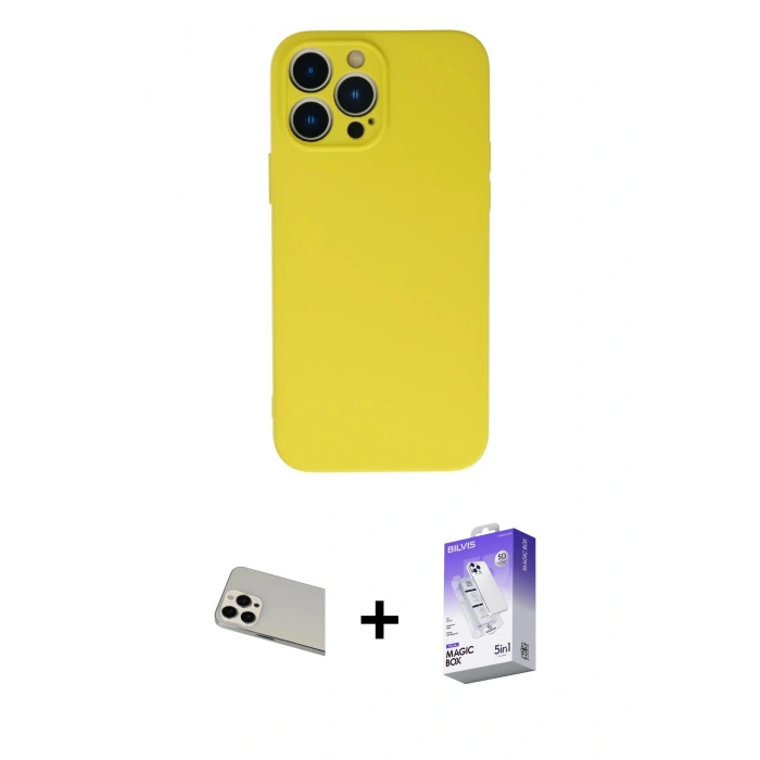 MARSİLYAN™- iPhone 13 Pro Max Kılıf Ahenk Serisi - Siyah Bilvis 5in1 3D Magic Cam Ekran Koruyucu + Rainbow Kamera Lens Koruma Cam - BZ