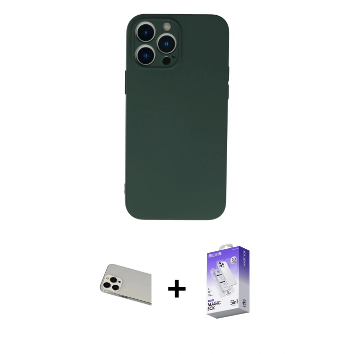 MARSİLYAN™- iPhone 13 Pro Max Kılıf Ahenk Serisi - Siyah Bilvis 5in1 3D Magic Cam Ekran Koruyucu + Rainbow Kamera Lens Koruma Cam - BZ