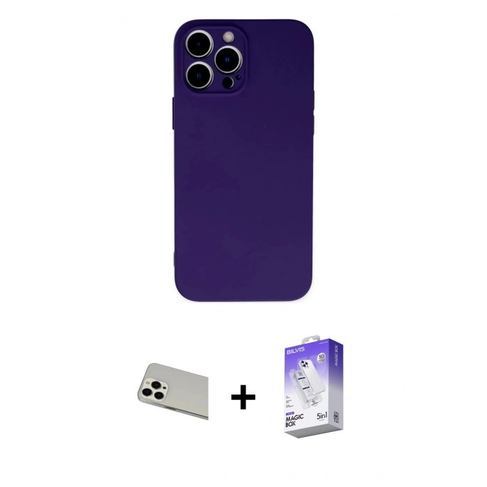 MARSİLYAN™- iPhone 13 Pro Max Kılıf Ahenk Serisi - Siyah Bilvis 5in1 3D Magic Cam Ekran Koruyucu + Rainbow Kamera Lens Koruma Cam - BZ