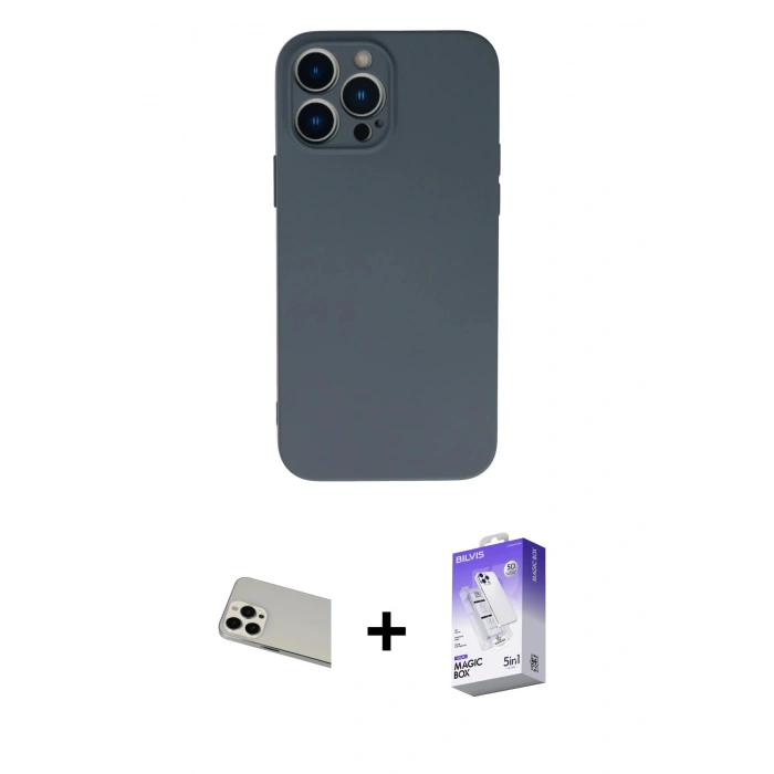MARSİLYAN™- iPhone 13 Pro Max Kılıf Ahenk Serisi - Siyah Bilvis 5in1 3D Magic Cam Ekran Koruyucu + Rainbow Kamera Lens Koruma Cam - BZ