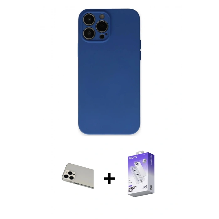 MARSİLYAN™- iPhone 13 Pro Max Kılıf Ahenk Serisi - Siyah Bilvis 5in1 3D Magic Cam Ekran Koruyucu + Rainbow Kamera Lens Koruma Cam - BZ