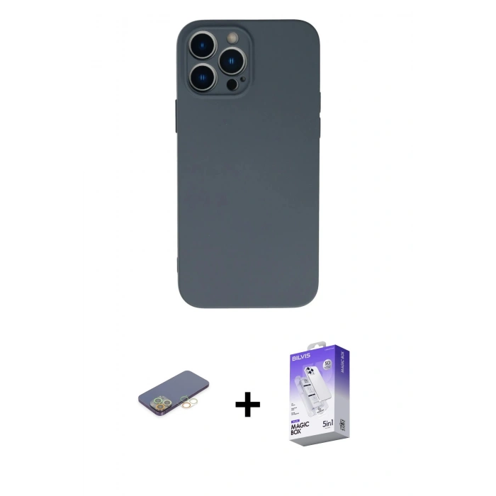 MARSİLYAN™- iPhone 13 Pro Max Kılıf Ahenk Serisi - Siyah Bilvis 5in1 3D Magic Cam Ekran Koruyucu + Renkli Kamera Lens Koruma Cam - SI