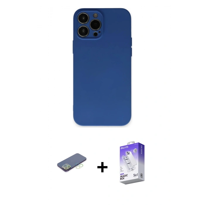 MARSİLYAN™- iPhone 13 Pro Max Kılıf Ahenk Serisi - Siyah Bilvis 5in1 3D Magic Cam Ekran Koruyucu + Renkli Kamera Lens Koruma Cam - YL
