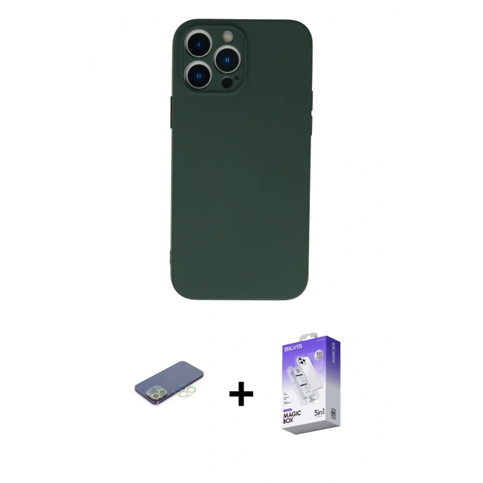 MARSİLYAN™- iPhone 13 Pro Max Kılıf Ahenk Serisi - Siyah Bilvis 5in1 3D Magic Cam Ekran Koruyucu + Renkli Kamera Lens Koruma Cam - YL