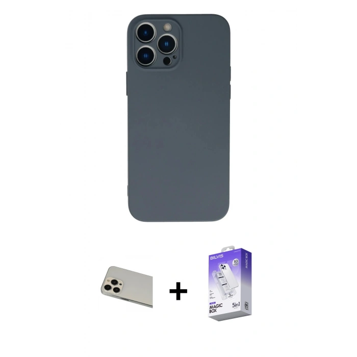 MARSİLYAN™- iPhone 13 Pro Max Kılıf Ahenk Serisi - Siyah Bilvis 5in1 3D Magic Cam Ekran Koruyucu + Rose Gold Rainbow Kamera Lens Koruma Cam