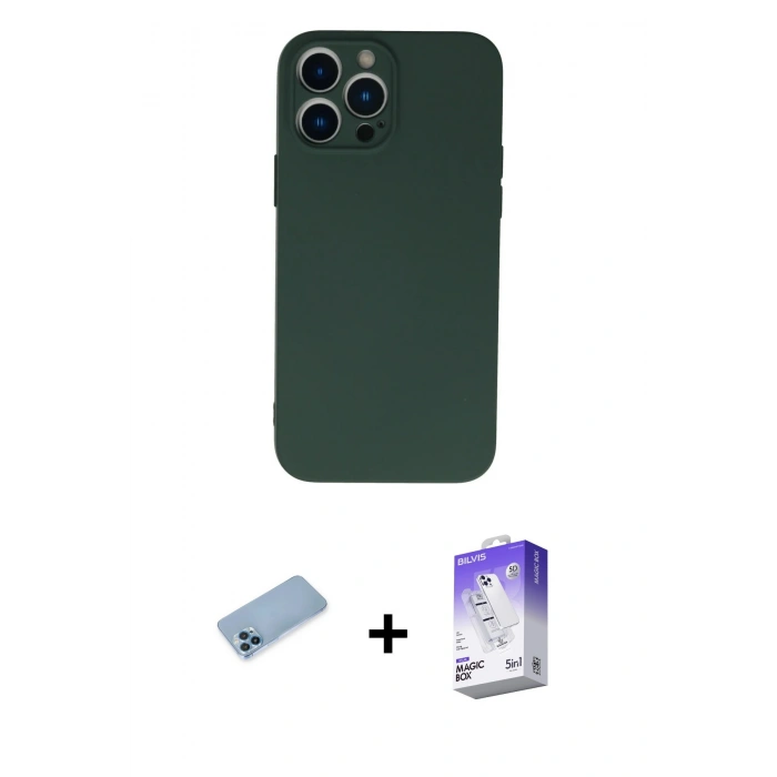 MARSİLYAN™- iPhone 13 Pro Max Kılıf Ahenk Serisi - Siyah Bilvis 5in1 3D Magic Cam Ekran Koruyucu + Shine Kamera Lens Koruma Cam - MI