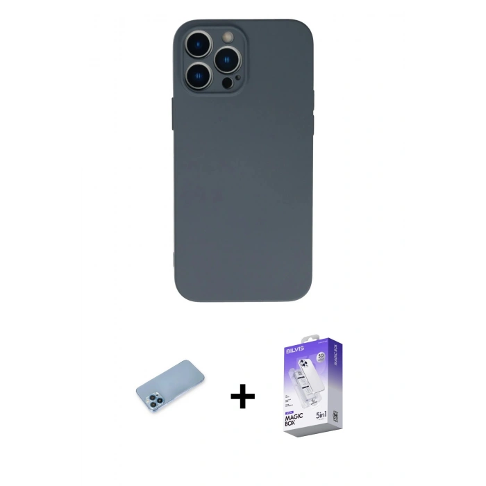 MARSİLYAN™- iPhone 13 Pro Max Kılıf Ahenk Serisi - Siyah Bilvis 5in1 3D Magic Cam Ekran Koruyucu + Shine Kamera Lens Koruma Cam - MI