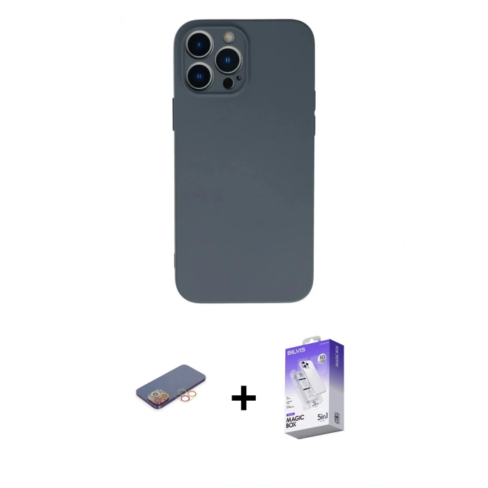 MARSİLYAN™- iPhone 13 Pro Max Kılıf Ahenk Serisi - Siyah Bilvis 5in1 3D Magic Cam Ekran Koruyucu + Turuncu Renkli Kamera Lens Koruma Cam