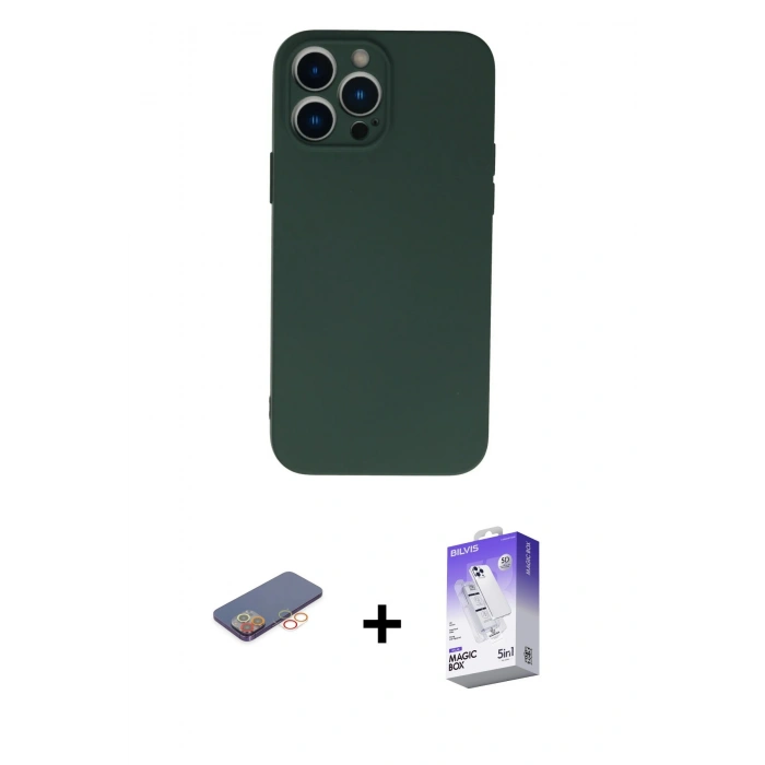 MARSİLYAN™- iPhone 13 Pro Max Kılıf Ahenk Serisi - Siyah Bilvis 5in1 3D Magic Cam Ekran Koruyucu + Turuncu Renkli Kamera Lens Koruma Cam