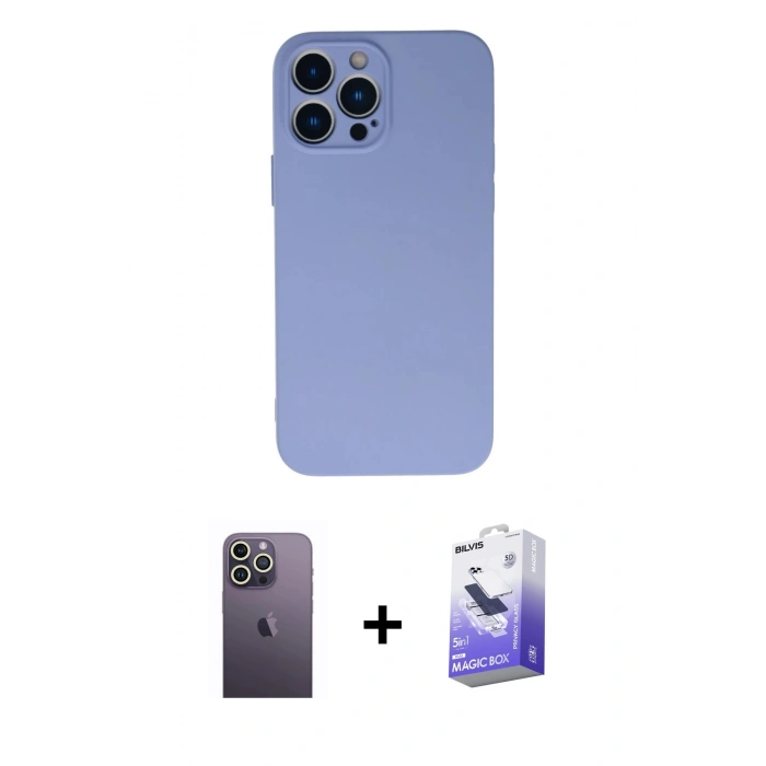 MARSİLYAN™- iPhone 13 Pro Max Kılıf Ahenk Serisi - Siyah Bilvis 5in1 5D Magic Hayalet Cam Ekran Koruyucu + Neon Fosforlu Kamera Lens - BZ