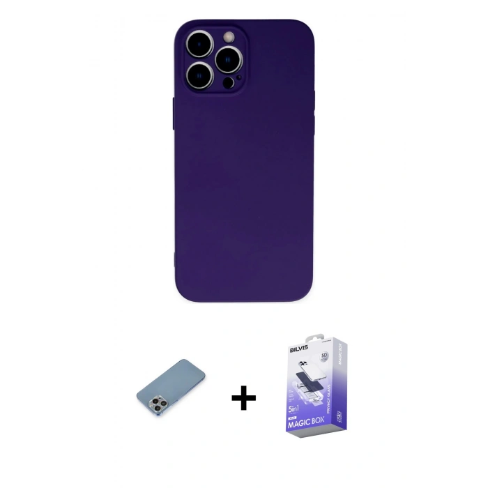 MARSİLYAN™- iPhone 13 Pro Max Kılıf Ahenk Serisi - Siyah Bilvis 5in1 5D Magic Hayalet Cam Ekran Koruyucu + Shine Kamera Lens Koruma Cam - GI