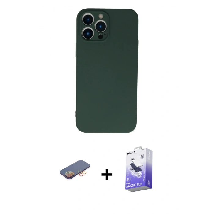 MARSİLYAN™- iPhone 13 Pro Max Kılıf Ahenk Serisi - Siyah Bilvis 5in1 5D Magic Hayalet Cam Ekran Koruyucu + Renkli Kamera Lens Koruma Cam - TU