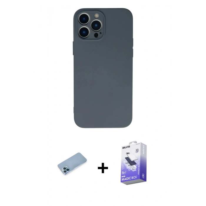 MARSİLYAN™- iPhone 13 Pro Max Kılıf Ahenk Serisi - Siyah Bilvis 5in1 5D Magic Hayalet Cam Ekran Koruyucu + Shine Kamera Lens Koruma Cam - MI