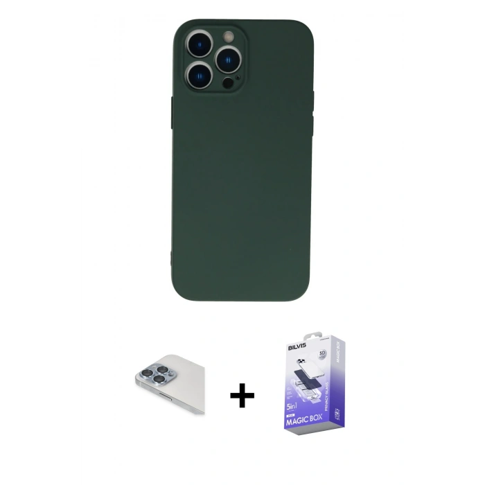MARSİLYAN™- iPhone 13 Pro Max Kılıf Ahenk Serisi - Siyah Bilvis 5in1 5D Magic Hayalet Cam Ekran Koruyucu + Pers Alüminyum Kamera Lens - SABE