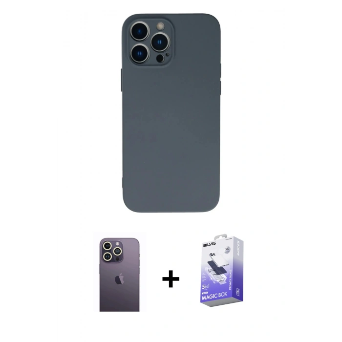 MARSİLYAN™- iPhone 13 Pro Max Kılıf Ahenk Serisi - Siyah Bilvis 5in1 5D Magic Hayalet Cam Ekran Koruyucu + Neon Fosforlu Kamera Lens - BZ