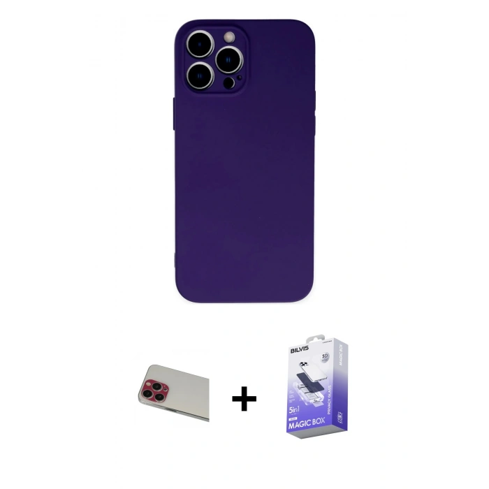 MARSİLYAN™- iPhone 13 Pro Max Kılıf Ahenk Serisi - Siyah Bilvis 5in1 5D Magic Hayalet Cam Ekran Koruyucu + Rainbow Kamera Lens Koruma Cam - KI