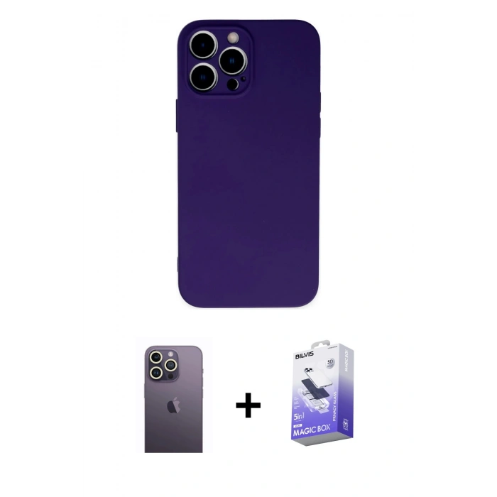 MARSİLYAN™- iPhone 13 Pro Max Kılıf Ahenk Serisi - Siyah Bilvis 5in1 5D Magic Hayalet Cam Ekran Koruyucu + Neon Fosforlu Kamera Lens - BZ