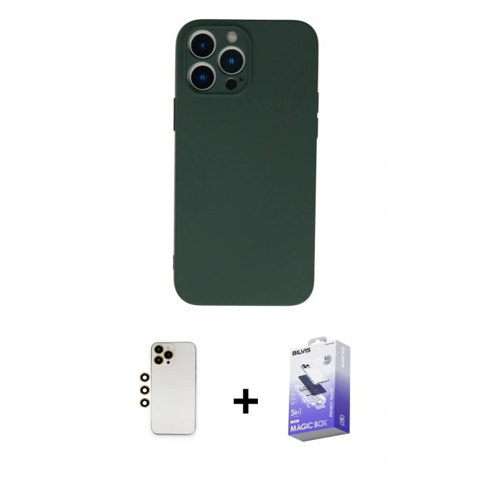 MARSİLYAN™- iPhone 13 Pro Max Kılıf Ahenk Serisi - Siyah Bilvis 5in1 5D Magic Hayalet Cam Ekran Koruyucu + Shine Kamera Lens - GD