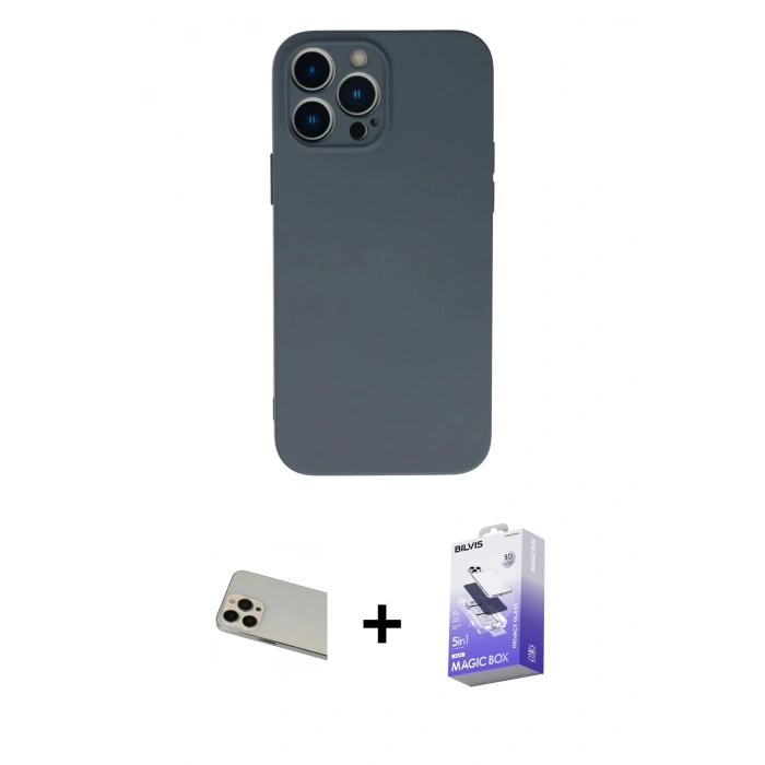 MARSİLYAN™- iPhone 13 Pro Max Kılıf Ahenk Serisi - Siyah Bilvis 5in1 5D Magic Hayalet Cam Ekran Koruyucu + Rainbow Kamera Lens Koruma Cam - REGD