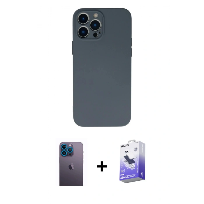 MARSİLYAN™- iPhone 13 Pro Max Kılıf Ahenk Serisi - Siyah Bilvis 5in1 5D Magic Hayalet Cam Ekran Koruyucu + Mavi Neon Fosforlu Kamera Lens