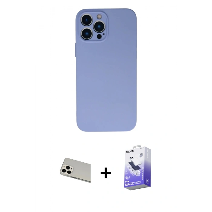 MARSİLYAN™- iPhone 13 Pro Max Kılıf Ahenk Serisi - Siyah Bilvis 5in1 5D Magic Hayalet Cam Ekran Koruyucu + Rainbow Kamera Lens Koruma Cam - BZ