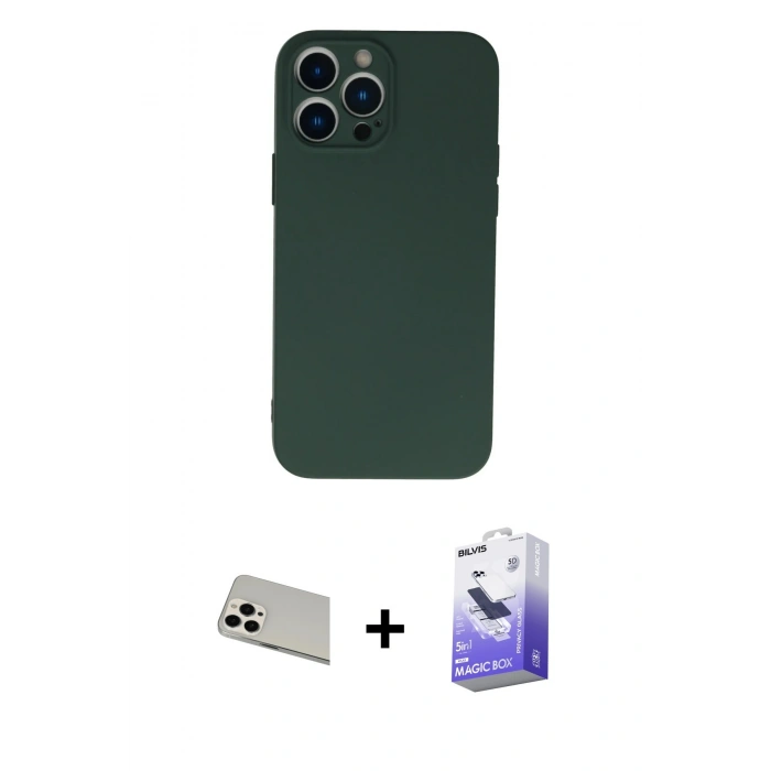 MARSİLYAN™- iPhone 13 Pro Max Kılıf Ahenk Serisi - Siyah Bilvis 5in1 5D Magic Hayalet Cam Ekran Koruyucu + Rainbow Kamera Lens Koruma Cam - BZ