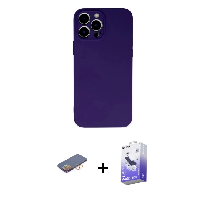 MARSİLYAN™- iPhone 13 Pro Max Kılıf Ahenk Serisi - Siyah Bilvis 5in1 5D Magic Hayalet Cam Ekran Koruyucu + Renkli Kamera Lens Koruma Cam - TU