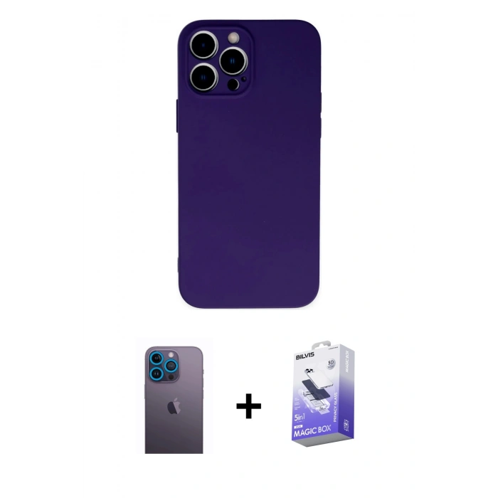 MARSİLYAN™- iPhone 13 Pro Max Kılıf Ahenk Serisi - Siyah Bilvis 5in1 5D Magic Hayalet Cam Ekran Koruyucu + Mavi Neon Fosforlu Kamera Lens