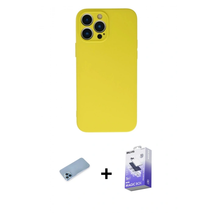 MARSİLYAN™- iPhone 13 Pro Max Kılıf Ahenk Serisi - Siyah Bilvis 5in1 5D Magic Hayalet Cam Ekran Koruyucu + Shine Kamera Lens Koruma Cam - MI
