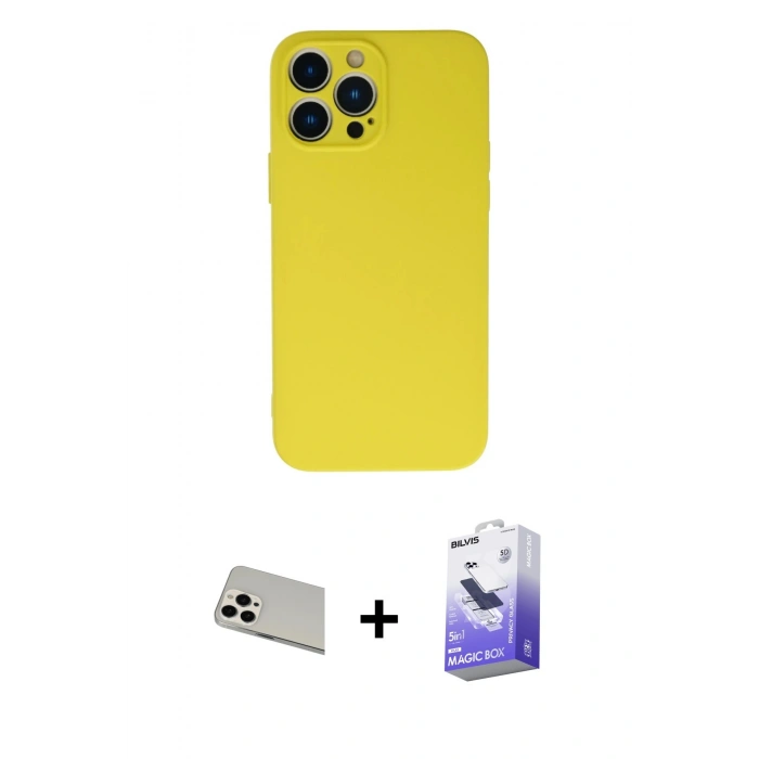 MARSİLYAN™- iPhone 13 Pro Max Kılıf Ahenk Serisi - Siyah Bilvis 5in1 5D Magic Hayalet Cam Ekran Koruyucu + Rainbow Kamera Lens Koruma Cam - BZ