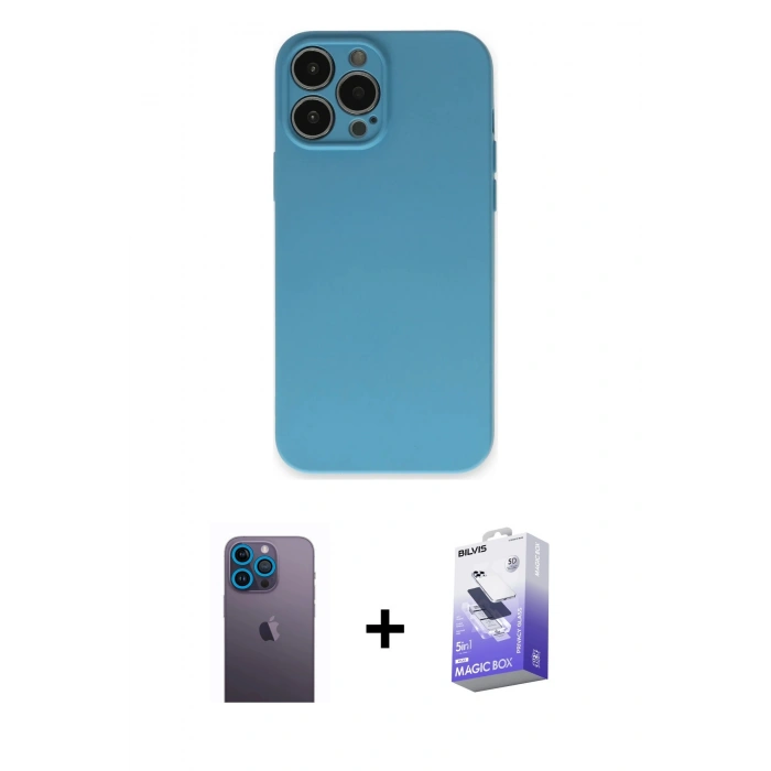 MARSİLYAN™- iPhone 13 Pro Max Kılıf Ahenk Serisi - Siyah Bilvis 5in1 5D Magic Hayalet Cam Ekran Koruyucu + Neon Fosforlu Kamera Lens - MI