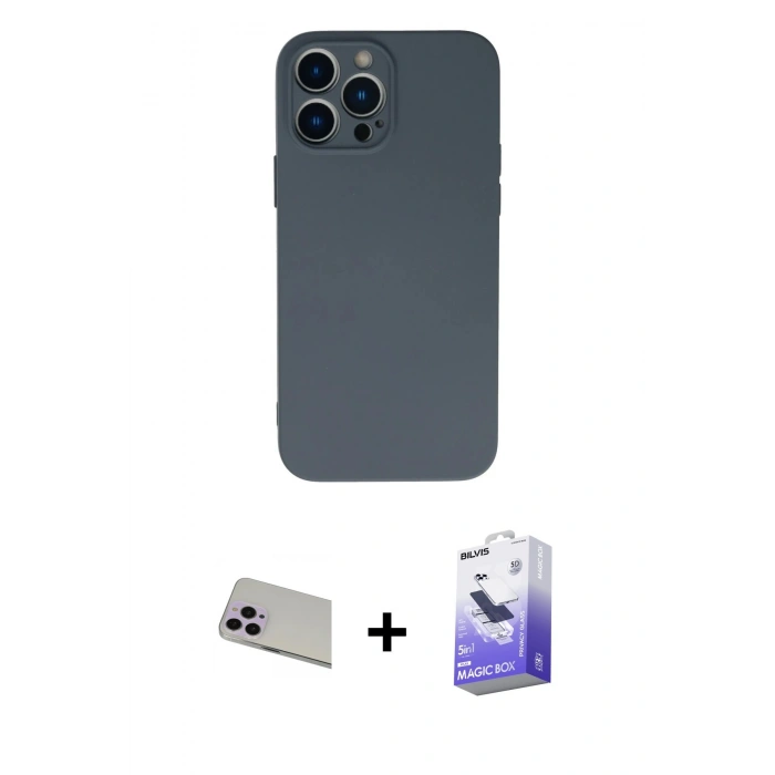 MARSİLYAN™- iPhone 13 Pro Max Kılıf Ahenk Serisi - Siyah Bilvis 5in1 5D Magic Hayalet Cam Ekran Koruyucu + Rainbow Kamera Lens Koruma Cam - MR
