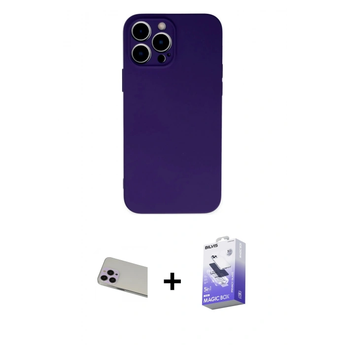MARSİLYAN™- iPhone 13 Pro Max Kılıf Ahenk Serisi - Siyah Bilvis 5in1 5D Magic Hayalet Cam Ekran Koruyucu + Rainbow Kamera Lens Koruma Cam - MR