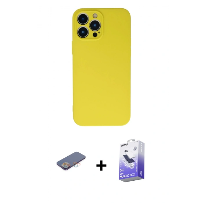 MARSİLYAN™- iPhone 13 Pro Max Kılıf Ahenk Serisi - Siyah Bilvis 5in1 5D Magic Hayalet Cam Ekran Koruyucu + Renkli Kamera Lens Koruma Cam - PE