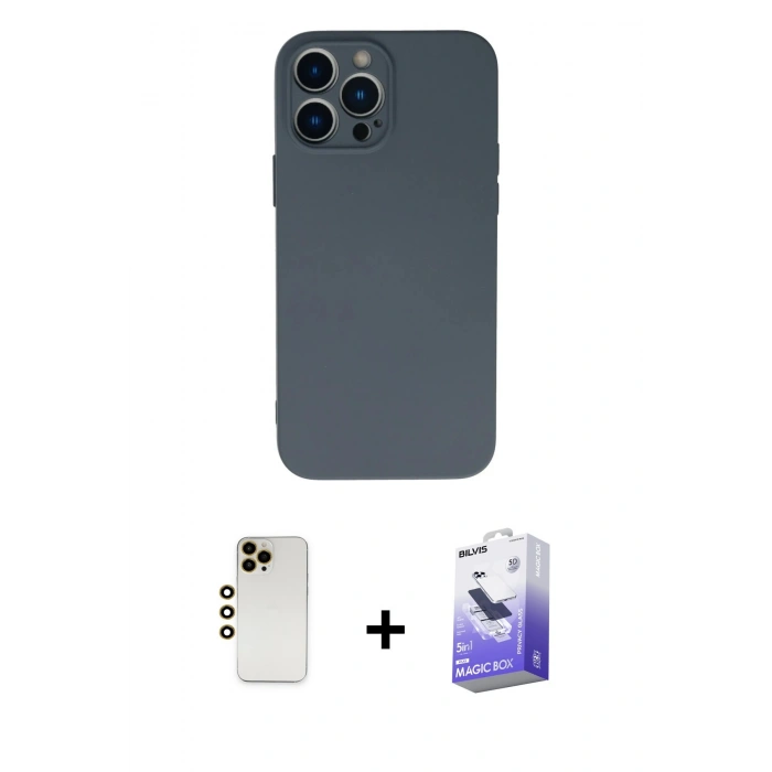 MARSİLYAN™- iPhone 13 Pro Max Kılıf Ahenk Serisi - Siyah Bilvis 5in1 5D Magic Hayalet Cam Ekran Koruyucu + Shine Kamera Lens - GD
