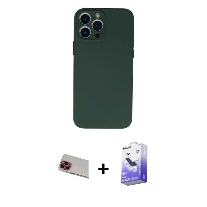 MARSİLYAN™- iPhone 13 Pro Max Kılıf Ahenk Serisi - Siyah Bilvis 5in1 5D Magic Hayalet Cam Ekran Koruyucu + Rainbow Kamera Lens Koruma Cam - KI